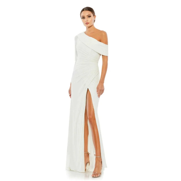 Ieena for Mac Duggal Ruched Jersey Drop Shoulder Foldover Neckline Gown White - Picture 1 of 7